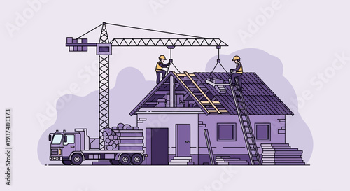 Architectural Construction Site Depicting Workers and Machinery in a Dynamic Scene
