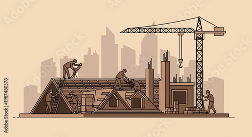 Architectural Construction Site Depicted With Builders And Cranes Creating A Skyline Vibe