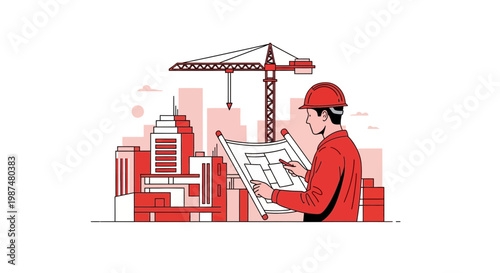 Architect Reviewing Blueprints at Construction Site with Cityscape and Crane Silhouette