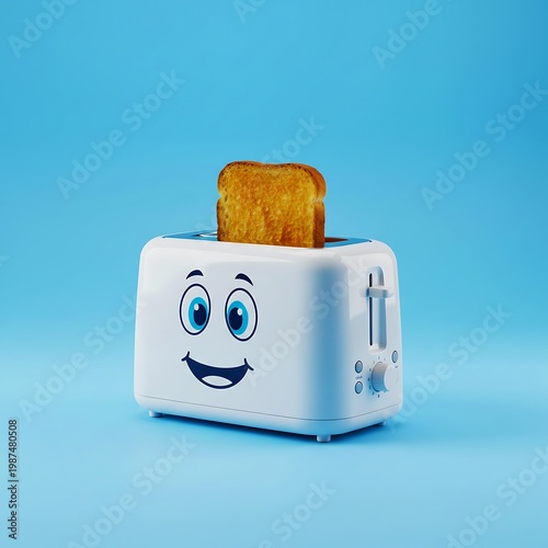 Cute Smiling Toaster With Toast Slice Playful Kitchen Appliance Concept