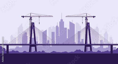 Architectural Design Illustrates A Cityscape With Modern Bridge And Construction Crane