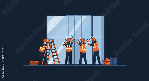 Builders Installing Windows, Construction Workers Erecting a Building, Vector Illustration