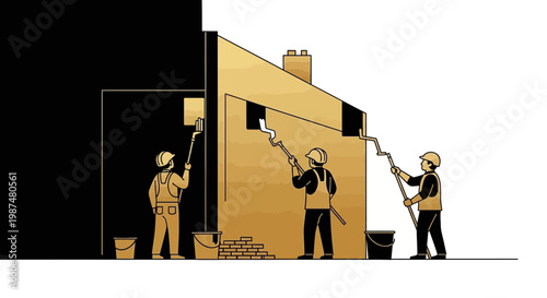 Builders Painting And Refurbishing A House With Contrasting Colors For Real Estate