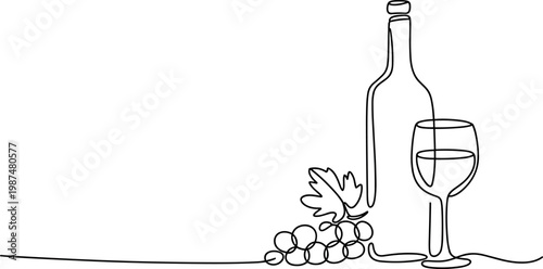 Hand-drawn wine bottle and glass with grapes sketch on white background, minimalist celebration concept
