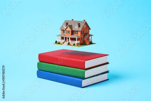 Floating House Above Books Stack Education Investment Knowledge Real Estate Concept