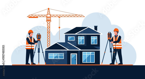 Builders Surveying House With Crane Construction And Engineering Illustration Project