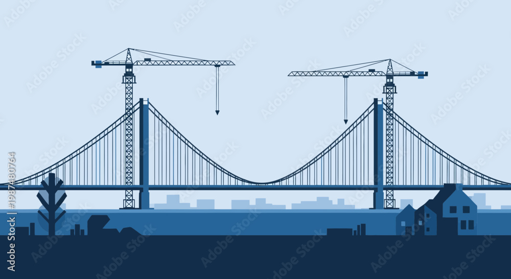 Fototapeta premium Architectural Illustration Depicting Bridge Construction With Overhead Cranes And Silhouetted City