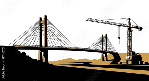 Architectural Illustration Depicting a Cable-Stayed Bridge under Construction and Crane