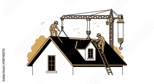 Constructing Houses: Builders Using Crane For Roof Installation In Stylish Line Art