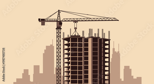 Building Construction in Urban Landscape with Crane, Architecture, Illustration, and Silhouette