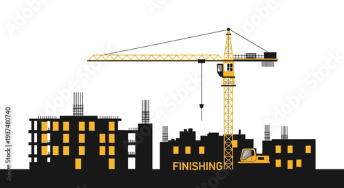 Architectural Illustration Depicting a Construction Crane and Buildings Under Development