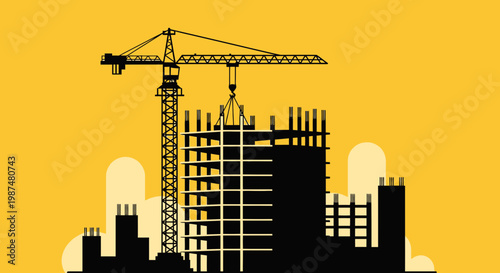 Architectural Illustration Depicting a Construction Site with a Crane Lifting Building Materials