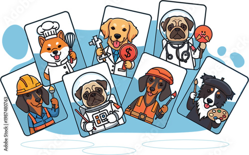 Dog profession characters collection with cute pets as chef, doctor, builder and worker roles, playful vector illustration for animals, careers and creative design themes
