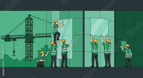 Constructing Modern Architecture: Builders Installing Glass Panes on a Contemporary Building