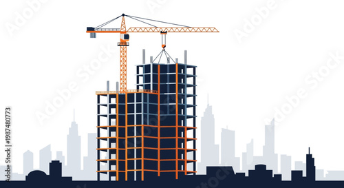 Building Construction in Urban Landscape with Crane, Modern City, and Skyline