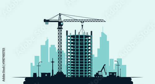 Building Construction in Urban Landscape with Crane, Minimalist Design and Silhouette