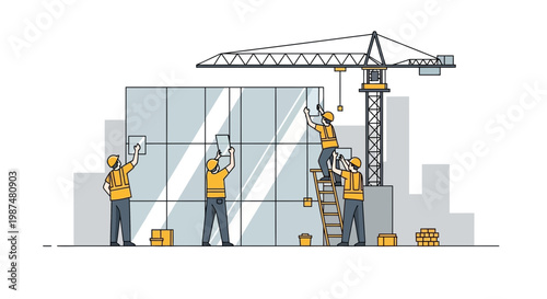 Constructing Tall Buildings: Workers Collaborating With a Crane in Modern Urban Environment