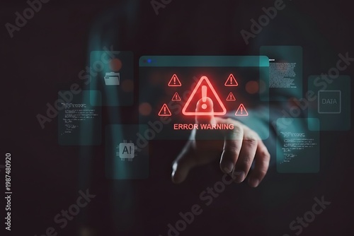 System warning alert on virtual interface with hand interaction. Concept of cybersecurity risk, data breach, malware, hacking, IT failure, and digital system
