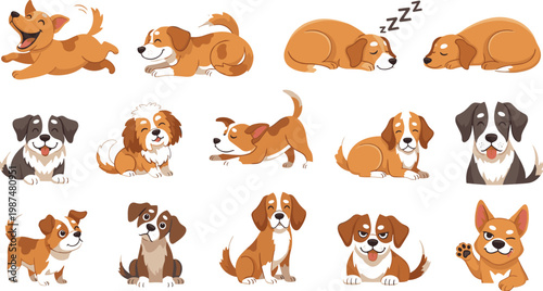 Dog poses collection with playful, sleeping and sitting puppies, cute vector illustration set for pets, animal behavior, stickers, characters and playful design use
