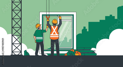 Constructing The Future: Builders Installing Window, Underway Construction Site Work