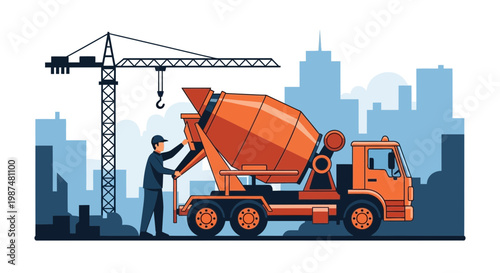 Concrete Mixer Truck at a Construction Site with a Crane and a Worker in Action