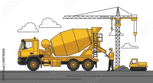 Concrete Mixer Truck at a Construction Site with a Crane and a Worker