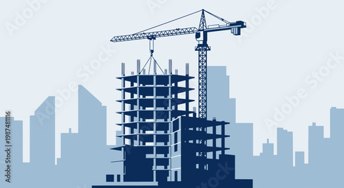 Constructing The Modern City: A Towering Crane and Building in Silhouette, urban design