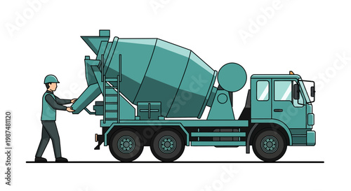 Concrete Mixer Truck And Construction Worker On Duty Performing Their Important Task
