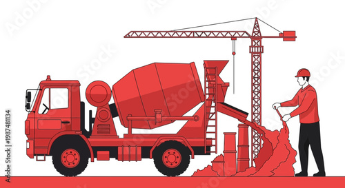 Concrete Mixer Truck at Work on a Construction Site With Crane and Worker