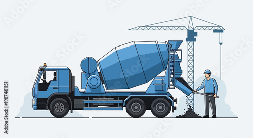 Concrete Mixer Truck Delivering Cement In Construction: A Building Site Illustration