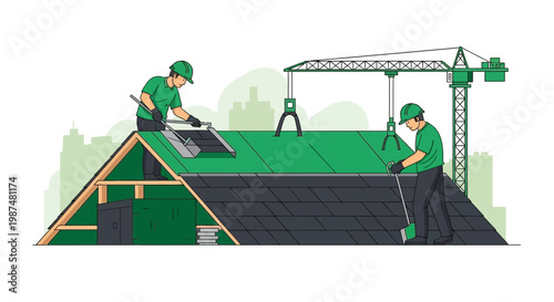 Constructing The Roof: A Team Of Workers Collaborating On Building Construction