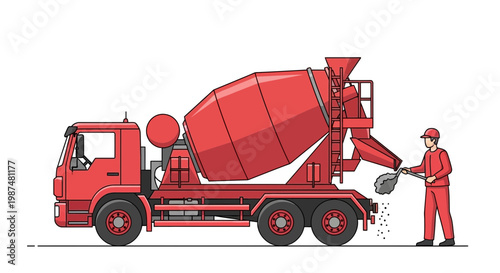 Concrete Mixer Truck Delivering Material For Construction, Contractor at Work, Vector Illustration