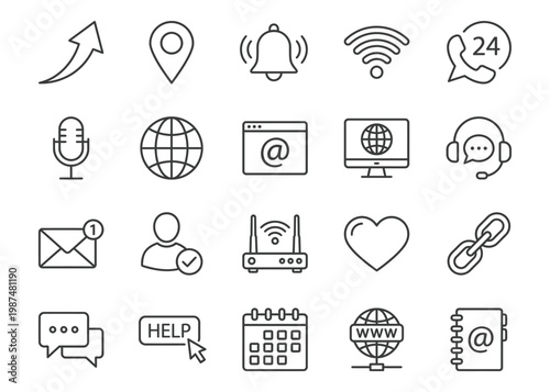 Communication and Contact Icon Set Vector with Internet Support Email and Network Symbols