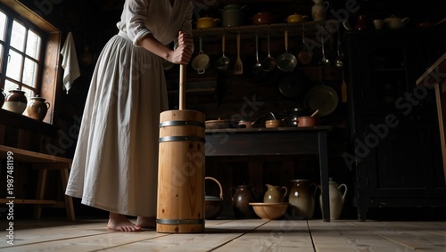 Woman in vintage dress using butter churn. Traditional rural farm life and old kitchen scene. Historic food preparation technique with wooden tool in rustic indoor cottage setting.