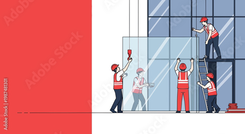 Constructing A Contemporary Office Building, Glass Panels Being Installed On Site Exterior