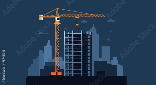 Construction And The City: An Orange Crane Building A Skyscraper At Dusk