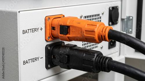 Orange and Black ip67 ESS Battery Connectors Plugged into Energy Storage System