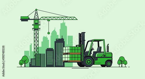 Construction and Urban Development: A Green Forklift Delivering Building Materials to City