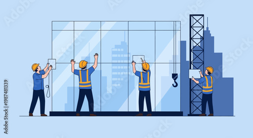 Constructing A High-Rise Building: Engineers Installing Exterior Glass Panels Together