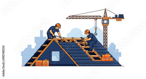 Constructing A House: Illustrative Depiction of Roofers At Work with Crane and Building