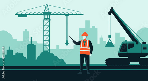 Construction Architect Directing Site Activities With Cranes and Buildings in Background