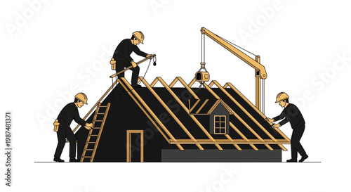 Constructing A House: Teamwork Builds A Roof, Illustrating Labor And Home Improvement