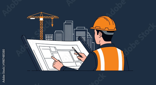 Construction Architect Engineering Plan Inspecting City Building Project With Crane And Sky