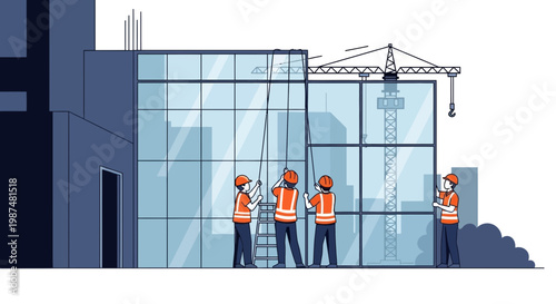 Constructing A Modern Building: Workers Installing A Glass Facade Effectively And Safely