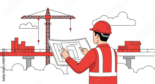 Construction Architect Inspecting Building Plans with Crane and Structures Outline Drawing