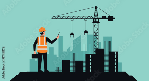 Construction Architect Inspecting Building Site: A Modern Architectural Illustration