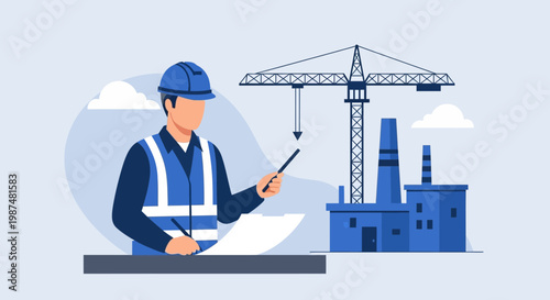Construction Architect Plans Project Blueprint With Factory and Crane Conceptual Illustration