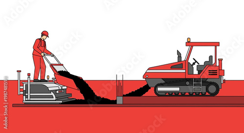 Construction Asphalt Paving Process Depicted With Machinery And a Construction Worker Illustration
