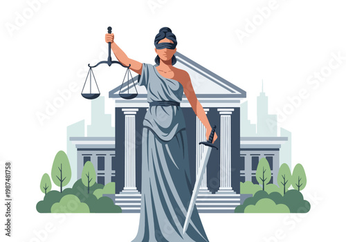 Fotografie Flat style vector illustration of lady justice holding scales and sword, represe