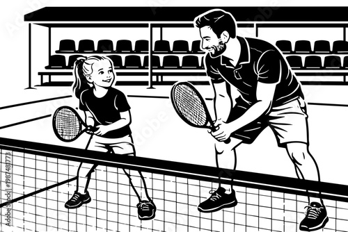 Father and daughter are having fun playing tennis, enjoying each other's company on the court and the sports equipment.